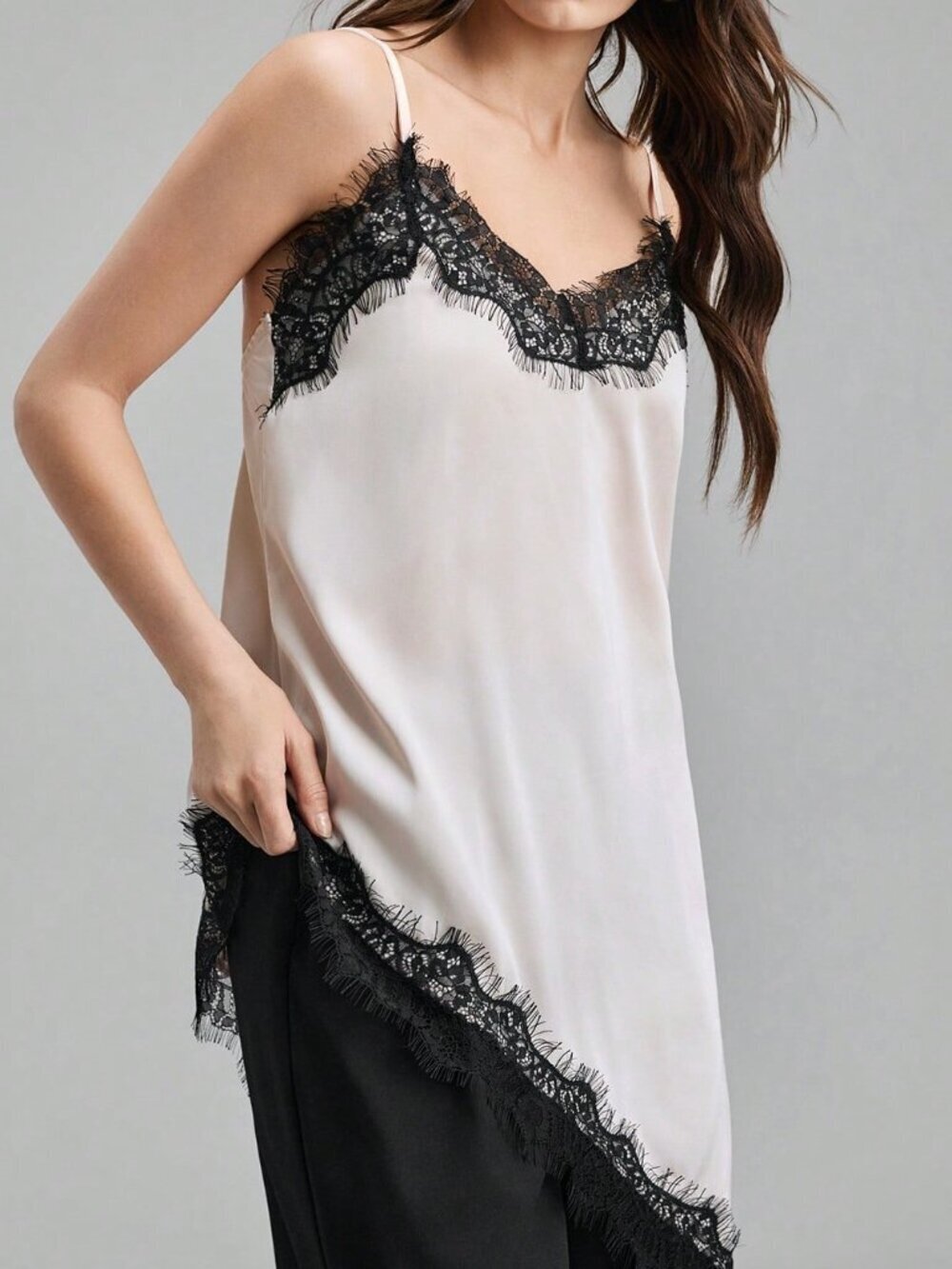 Apricot Casual Women's Spaghetti Strap Long Top with Lace Trim